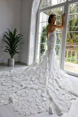 Classy Sleeveless Spaghetti Straps Mermaid Wedding Dresses with Chapel Train-Ballbella