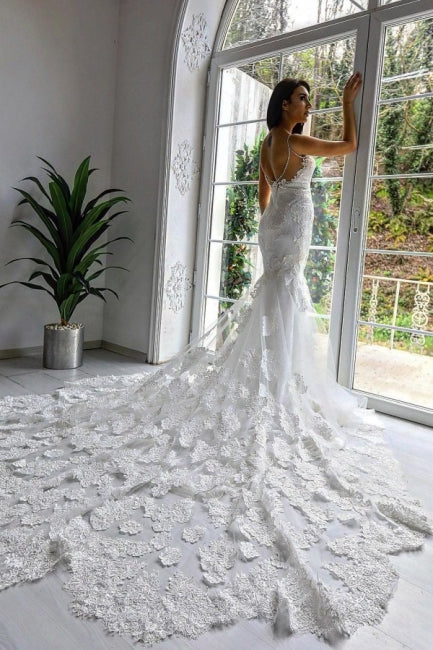 Classy Sleeveless Spaghetti Straps Mermaid Wedding Dresses with Chapel Train-Ballbella