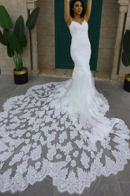 Classy Sleeveless Spaghetti Straps Mermaid Wedding Dresses with Chapel Train-Ballbella