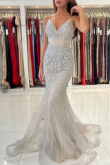 Classy Spaghetti-Straps Sleeveless Mermaid Lace Evening Dresses-Ballbella