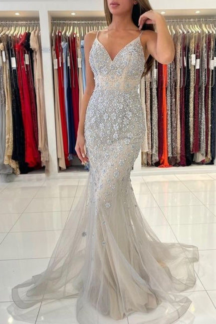 Classy Spaghetti-Straps Sleeveless Mermaid Lace Evening Dresses-Ballbella