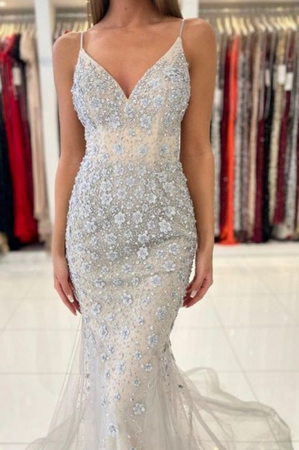 Classy Spaghetti-Straps Sleeveless Mermaid Lace Evening Dresses-Ballbella