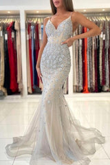 Classy Spaghetti-Straps Sleeveless Mermaid Lace Evening Dresses-Ballbella