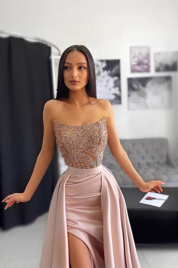 women's light pink strapless mermaid dress for a club singer Classy Strapless Dusty Pink Prom Dress Mermaid Slit With Lace Appliques