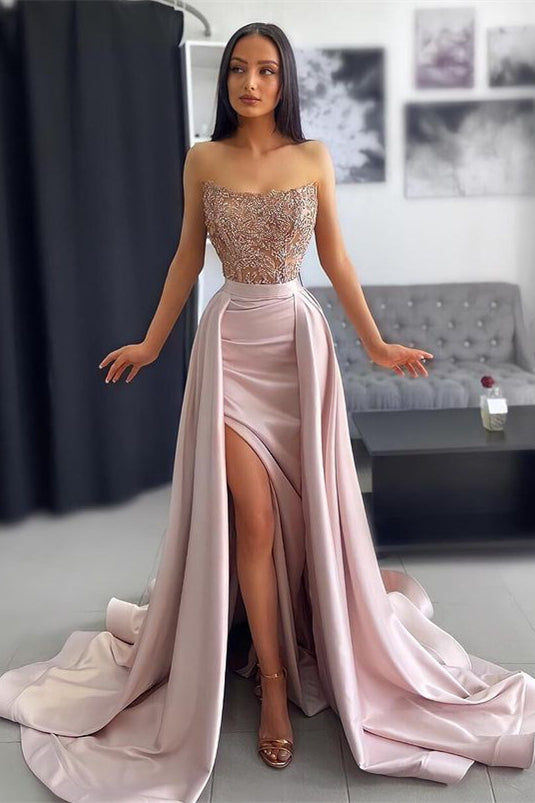 Classy Strapless Dusty Pink Prom Dress Mermaid Slit With Lace Appliques-Ballbella
