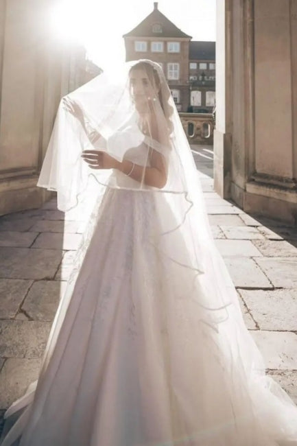 Classy Straps Off the Shoulder Floor Length A-Line Wedding Dresses-Ballbella