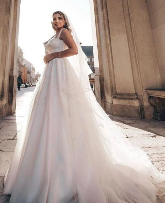 Classy Straps Off the Shoulder Floor Length A-Line Wedding Dresses-Ballbella