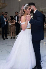 Classy Straps Off the Shoulder Floor Length A-Line Wedding Dresses-Ballbella