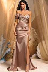 Classy Sweetheart One shoulder Satin Mermaid Prom Dress Sheath High Split With Pleats-Ballbella