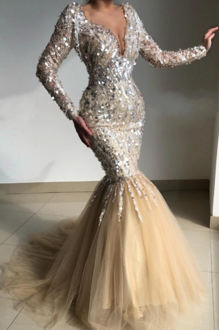Classy V-Neck Long-Sleeve Mermaid Evening Dresses With Sequins-Ballbella