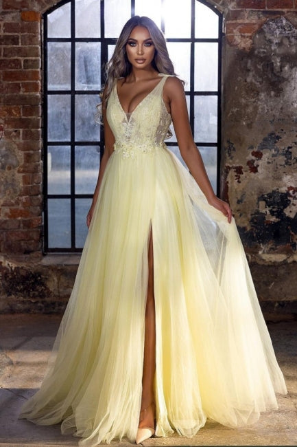 Classy V-Neck Yellow Sleeveless Prom Dresses Long On Sale-Ballbella