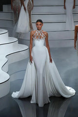 Classy White Halter Sleeveless Satin Mermaid Prom Dress Column Gem With Train-Ballbella