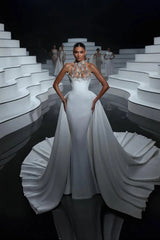 Classy White Halter Sleeveless Satin Mermaid Prom Dress Column Gem With Train-Ballbella
