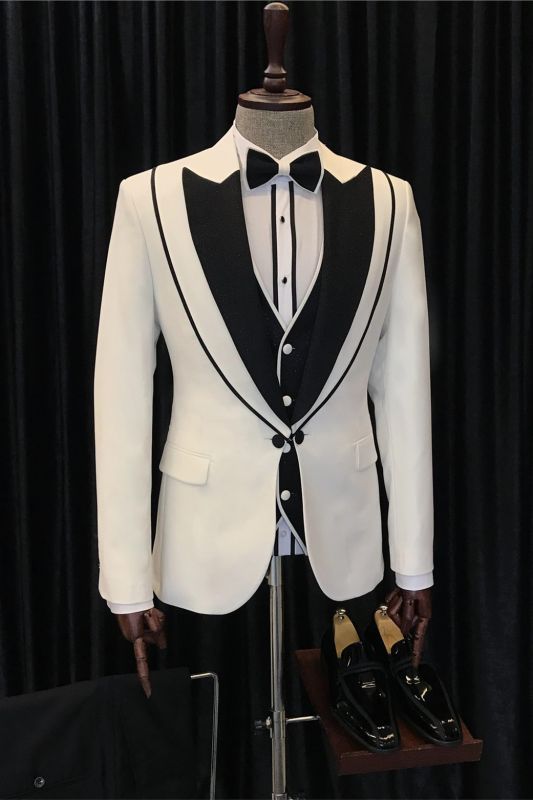 Classy White Three Pieces Black Laple Prom Suit Men Suit Online-Ballbella
