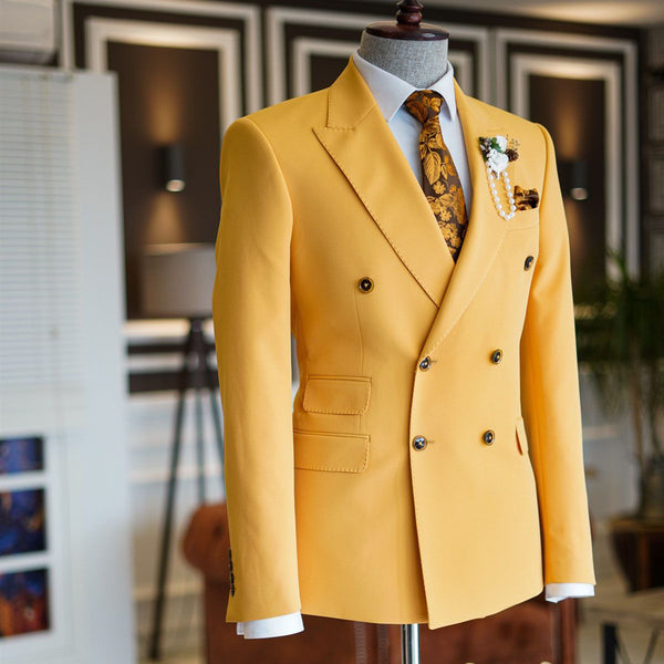 Classy Yellow Peaked Lapel Double Breasted Tailored Prom Suits-Ballbella