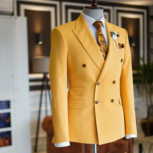 Classy Yellow Peaked Lapel Double Breasted Tailored Prom Suits-Ballbella