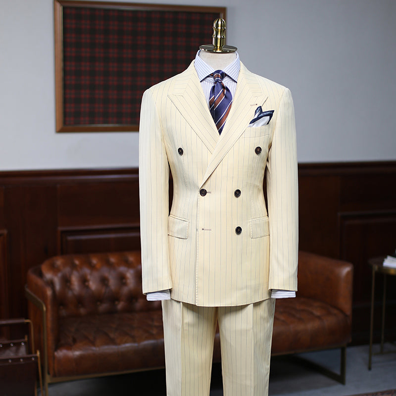 Classy Yellow Striped Double Breasted Custom Suit For Prom-Ballbella
