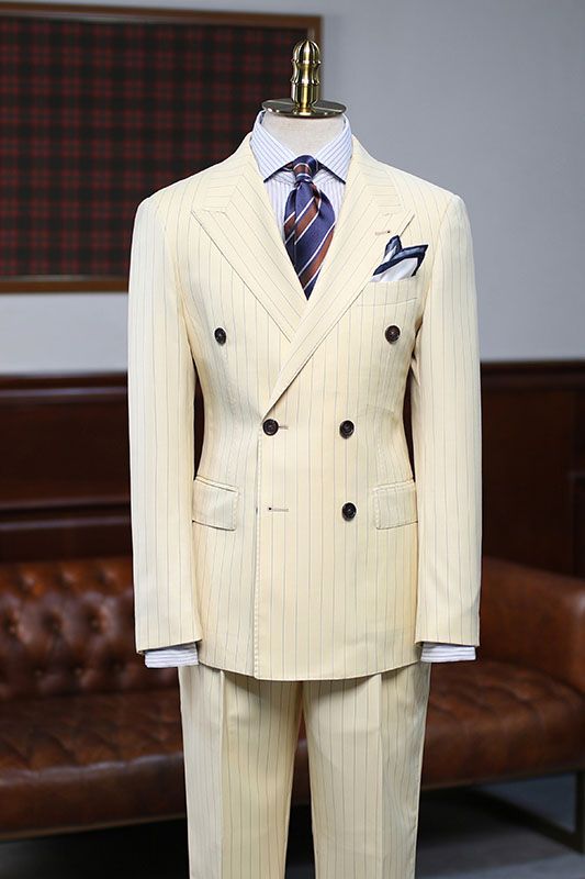 Classy Yellow Striped Double Breasted Custom Suit For Prom