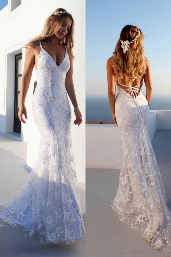 Cloth-fitting Floor Length Lace V-neck Spaghetti Open Back Prom Dresses Party Gowns With Lace Up-Ballbella