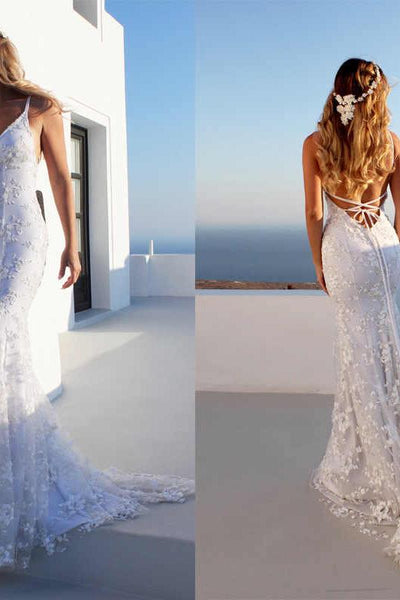 Cloth-fitting Floor Length Lace V-neck Spaghetti Open Back Prom Dresses  Party Gowns With Lace Up-Ballbella