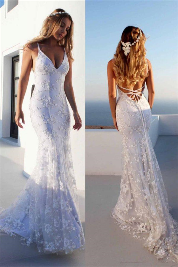 Cloth-fitting Floor Length Lace V-neck Spaghetti Open Back Prom Dresses Party Gowns With Lace Up-Ballbella