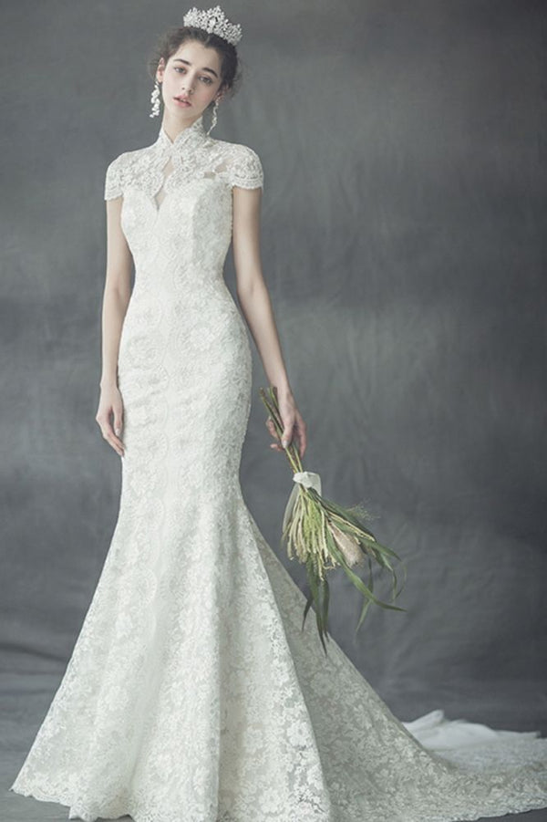 Wedding Dress A-Line With Train V-Neck Short Sleeves Lace Bridal Gowns -  Milanoo.com