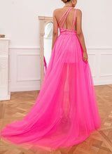 Column One-Shoulder Detchable Train Tulle/Sequined Homecoming Dresses-Ballbella