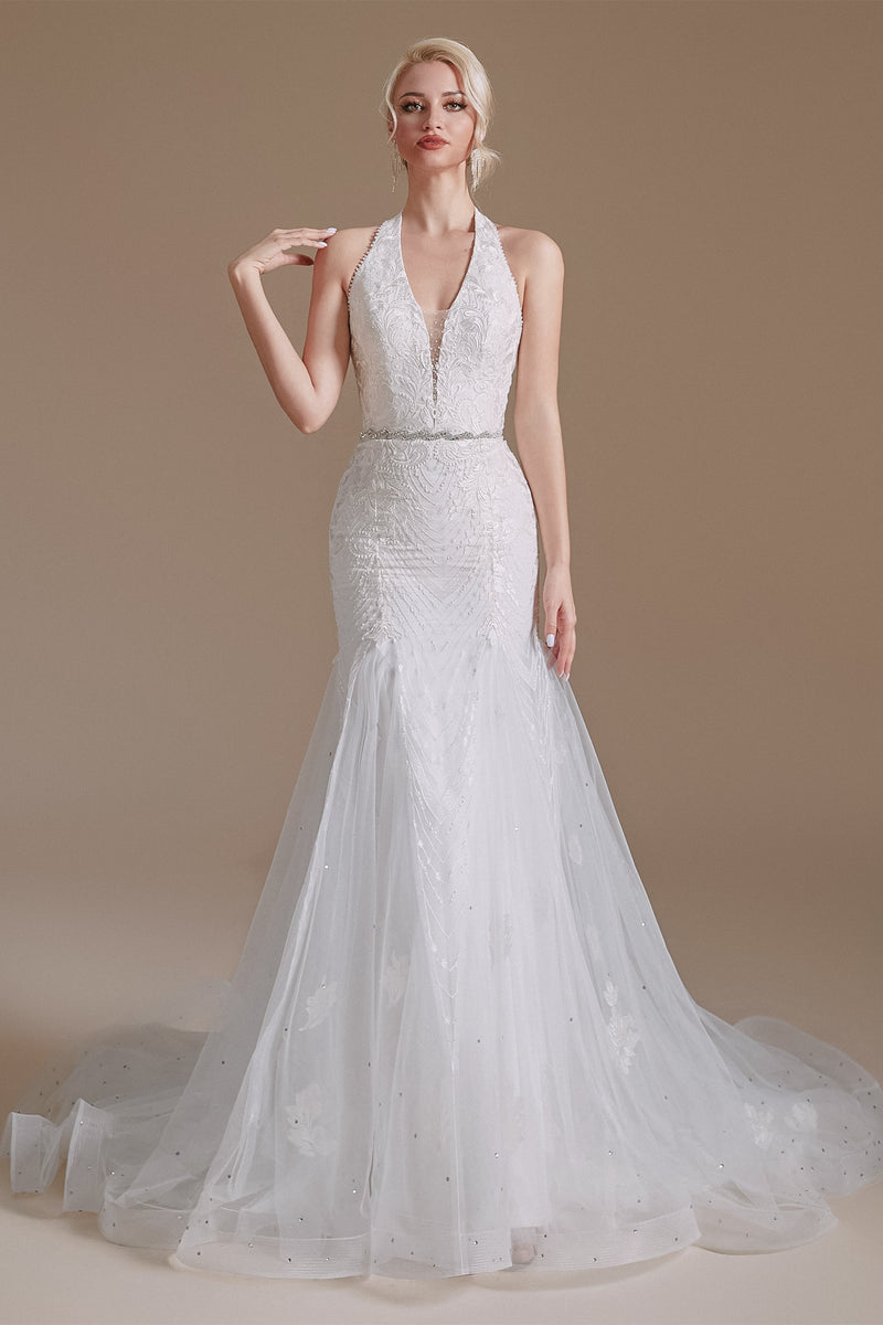 Cool Shouder V Neck Court Applique Mermaid Wedding Dress | Ballbella Design-Ballbella