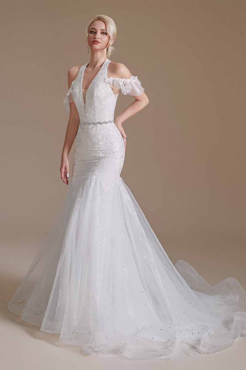 Cool Shouder V Neck Court Applique Mermaid Wedding Dress | Ballbella Design-Ballbella