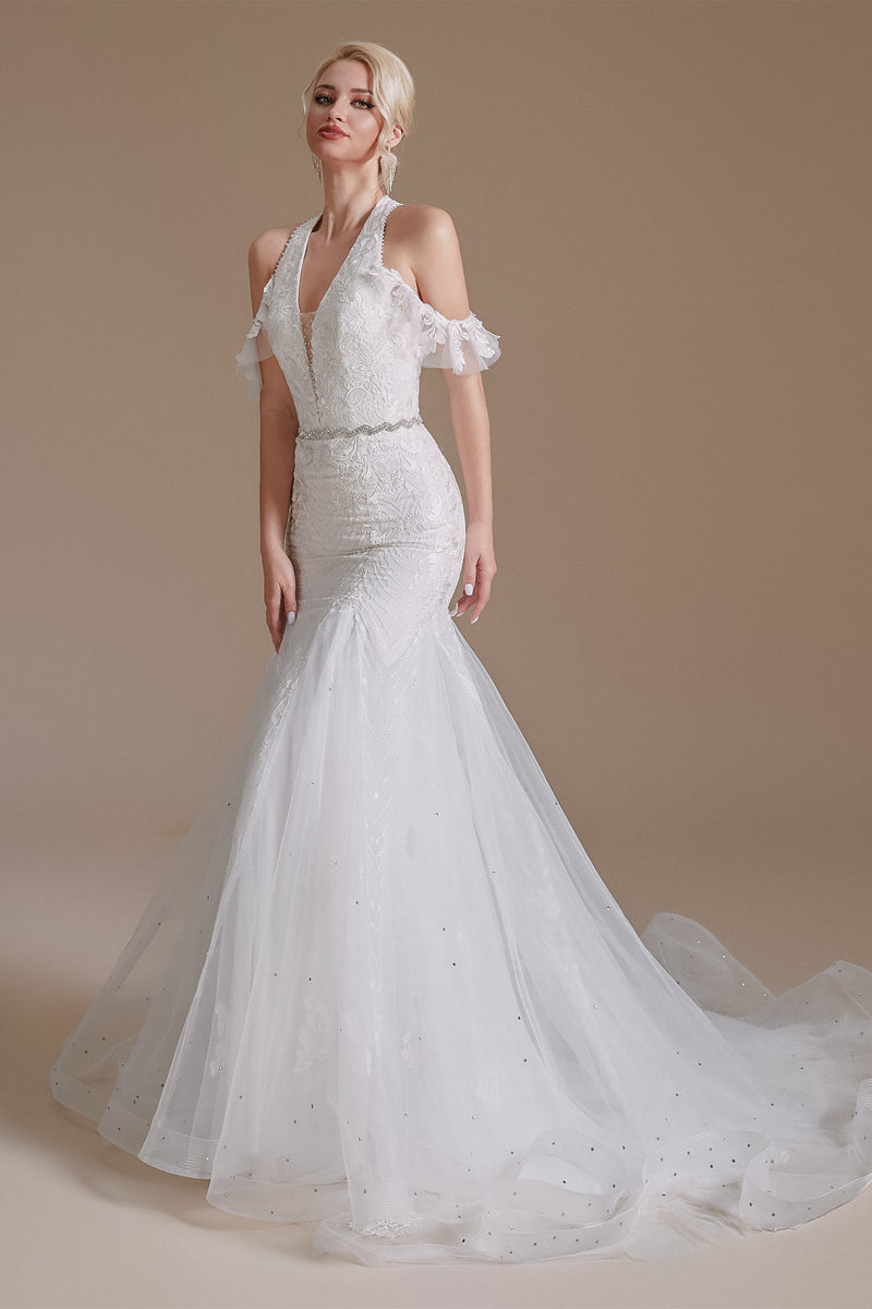 Cool Shouder V Neck Court Applique Mermaid Wedding Dress | Ballbella Design-Ballbella