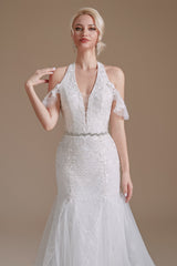 Cool Shouder V Neck Court Applique Mermaid Wedding Dress | Ballbella Design-Ballbella