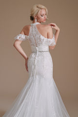 Cool Shouder V Neck Court Applique Mermaid Wedding Dress | Ballbella Design-Ballbella