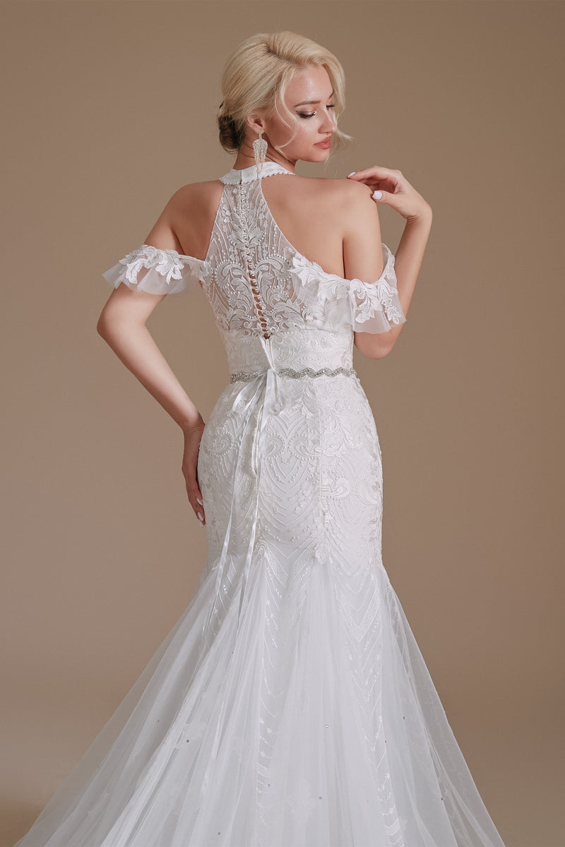 Cool Shouder V Neck Court Applique Mermaid Wedding Dress | Ballbella Design-Ballbella