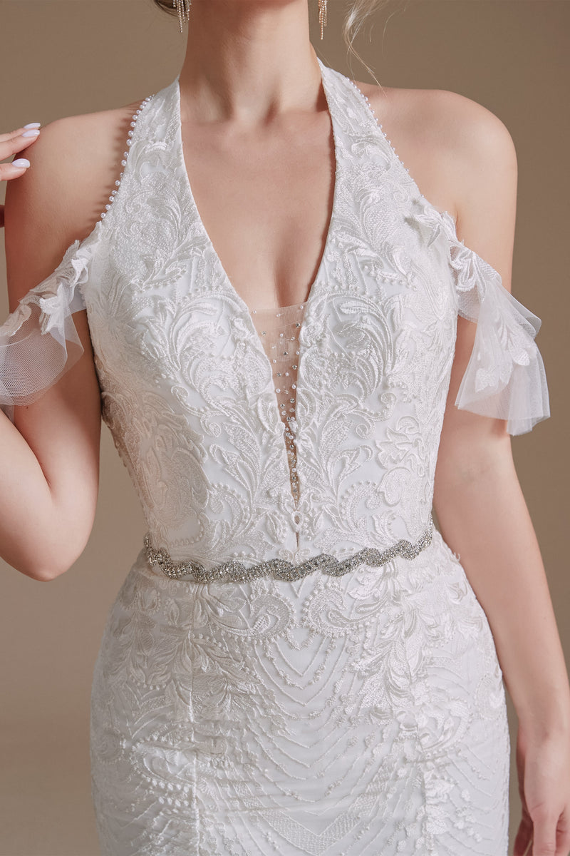 Cool Shouder V Neck Court Applique Mermaid Wedding Dress | Ballbella Design-Ballbella