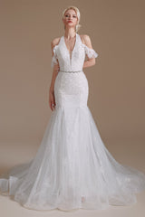 Cool Shouder V Neck Court Applique Mermaid Wedding Dress | Ballbella Design-Ballbella