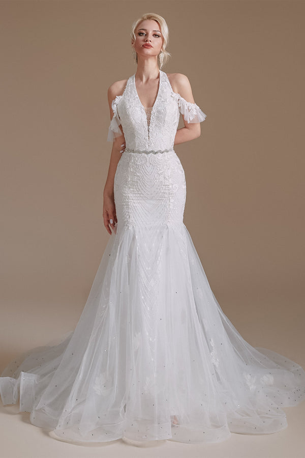 Cool Shouder V Neck Court Applique Mermaid Wedding Dress | Ballbella Design-Ballbella