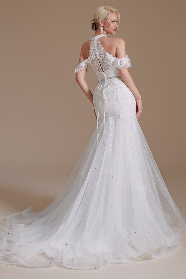 Cool Shouder V Neck Court Applique Mermaid Wedding Dress | Ballbella Design-Ballbella