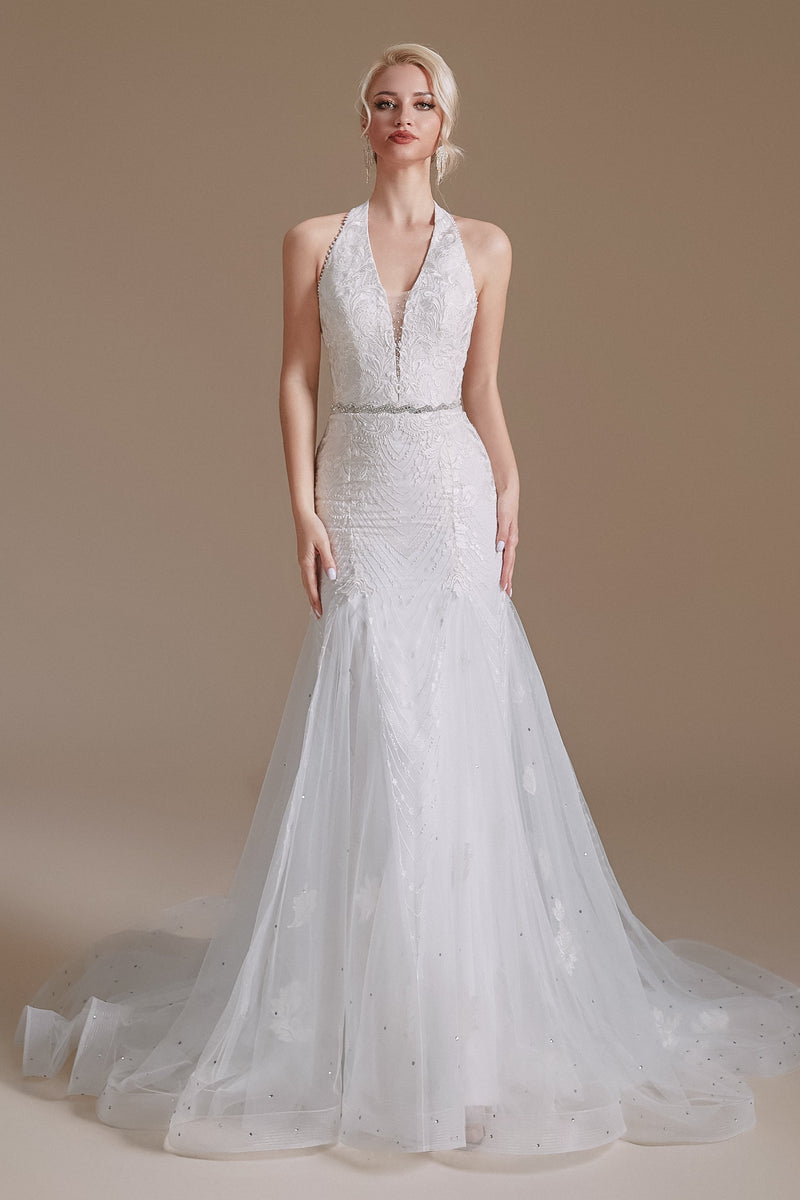 Cool Shouder V Neck Court Applique Mermaid Wedding Dress | Ballbella Design-Ballbella