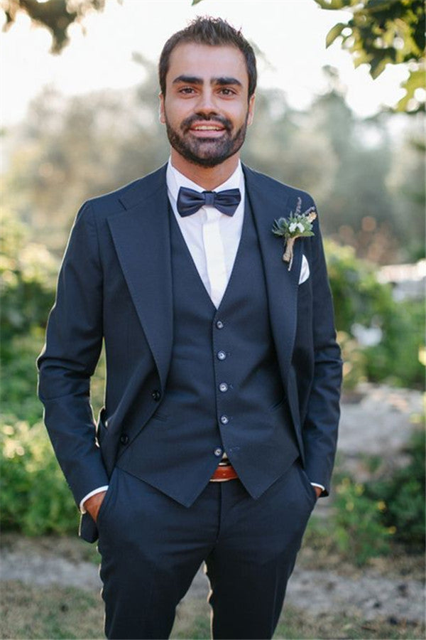 Costume 3 Pieces Dark Navy Notched Lapel Men Suits Wedding Suits For Men Slim Fit Mens Prom Tuxedos-Ballbella