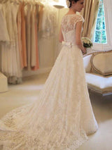 Check this Court Train Applique A-Line Short Sleeves Square Lace Ribbon Wedding Dresses at ballbella.com, this dress will make your guests say wow. The Square bodice is thoughtfully lined, and the skirt with Appliques,Ribbons to provide the airy, flatter look of Lace.