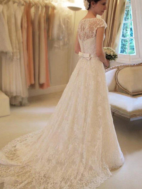 Check this Court Train Applique A-Line Short Sleeves Square Lace Ribbon Wedding Dresses at ballbella.com, this dress will make your guests say wow. The Square bodice is thoughtfully lined, and the skirt with Appliques,Ribbons to provide the airy, flatter look of Lace.