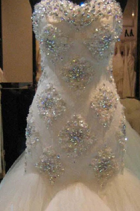 Court Train Mermaid Beading Sleeveless Tulle Sweetheart Wedding Dresses-Ballbella