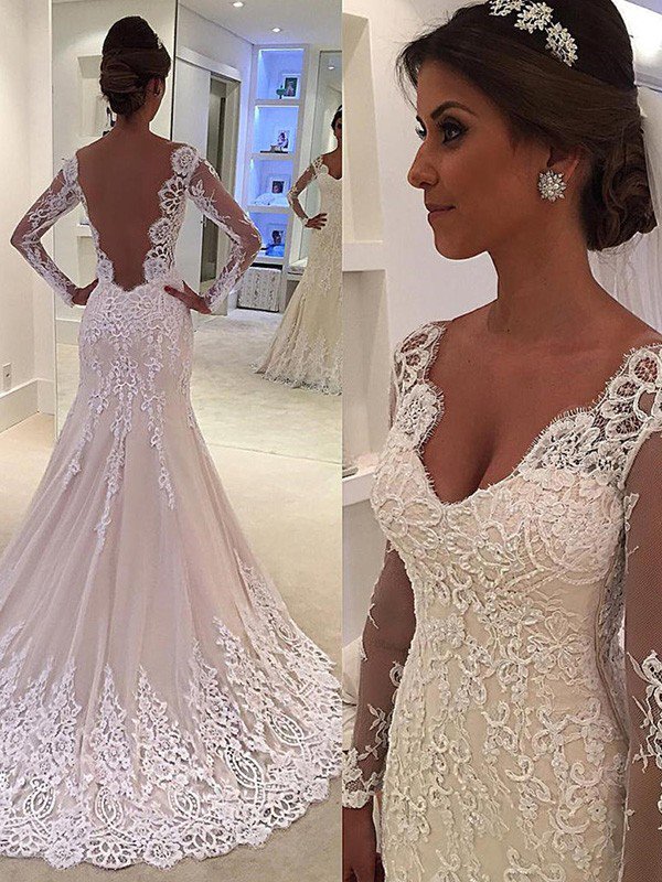 Check this Court Train Mermaid V-neck Lace Long Sleevess Wedding Dresses at ballbella.com, this dress will make your guests say wow. The V-neck bodice is thoughtfully lined, and the skirt with to provide the airy, flatter look of Lace.