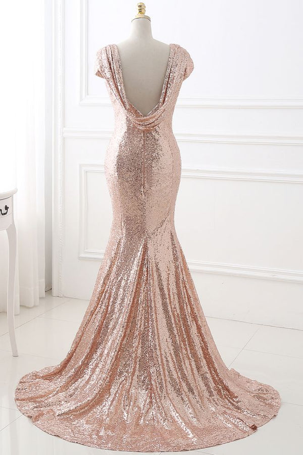 Looking for in Sequined,  Mermaid style,  and Gorgeous Sequined work? Ballbella has all covered on this elegant COURTNEY Fit and Flare Sweep train Sequined Rosy Golden Prom Dress.