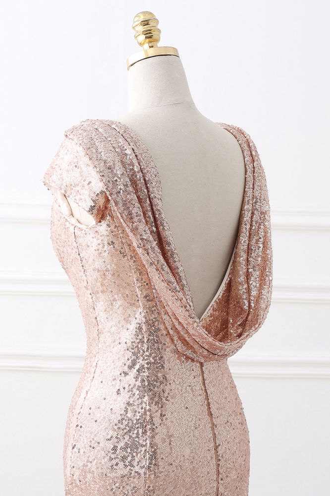 Looking for in Sequined,  Mermaid style,  and Gorgeous Sequined work? Ballbella has all covered on this elegant COURTNEY Fit and Flare Sweep train Sequined Rosy Golden Prom Dress.