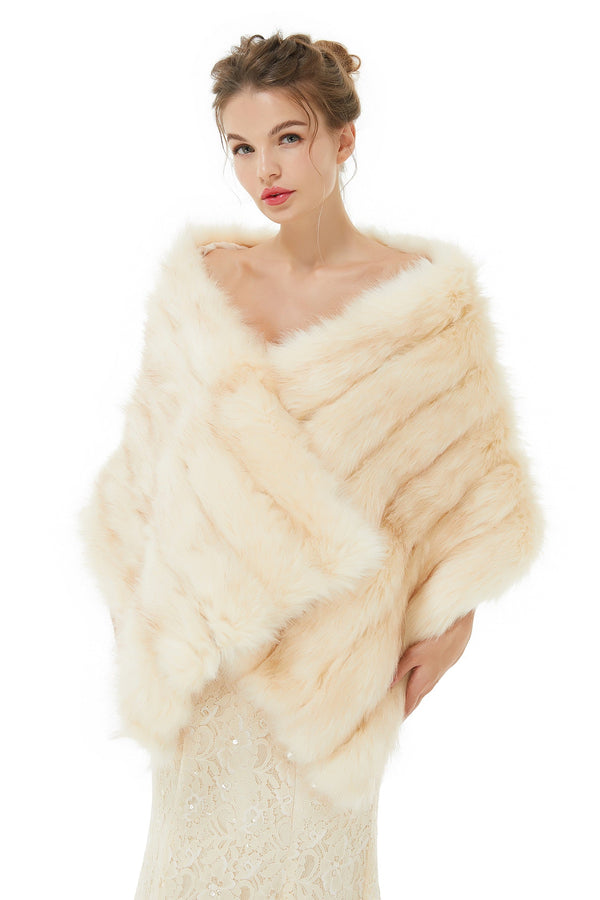 Creamy Faux Fur Stripe Shawl For Bride For Winter-Ballbella