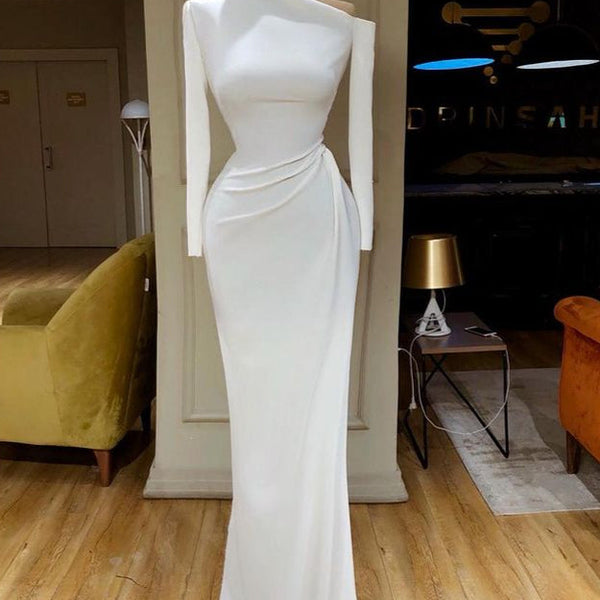 blanca boat neck mermaid formal dress Creamy White Unique Long sleeves Evening satin boat neck wedding dress
