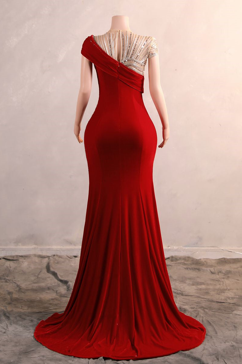Crew One-Shoulder Empire Sweep Train Sequins Beading Evening Dress-Ballbella