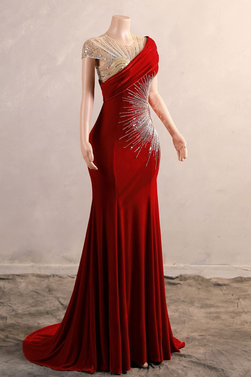 Crew One-Shoulder Empire Sweep Train Sequins Beading Evening Dress-Ballbella