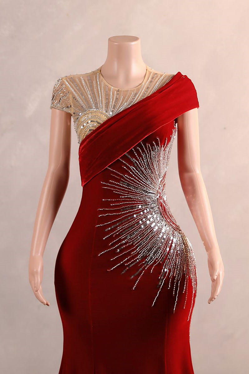 Crew One-Shoulder Empire Sweep Train Sequins Beading Evening Dress-Ballbella
